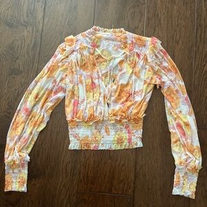 Free People Floral Smocked Blouse - Orange and Cream